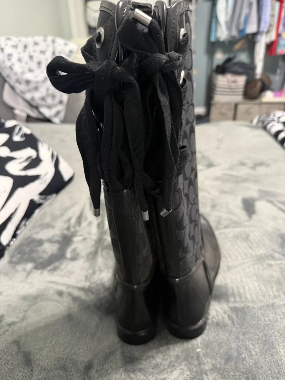 Coach Tristee Lace-Up Back Corset Signature Rain Boots Black Size 7B EXCELLENT